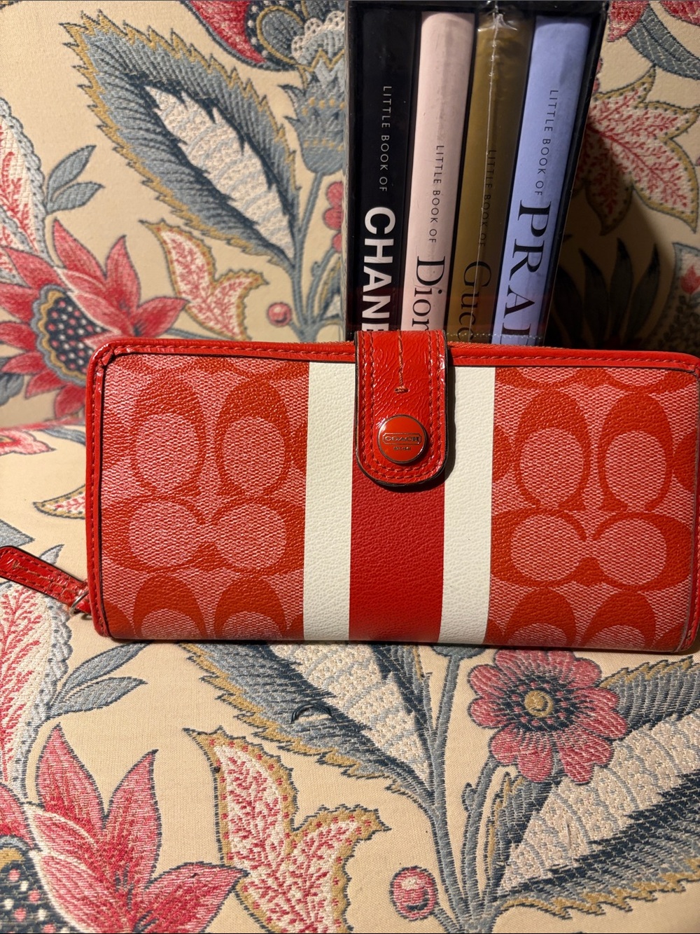 Coach Red Signature Zip-around Wallet with Cream Center Stripe